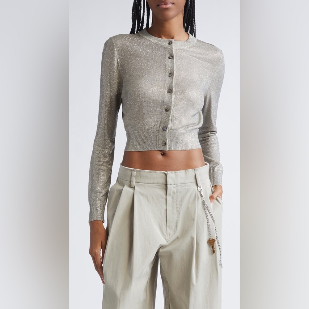 NWT Alexander Wang Crystal Hotfix Embellish Crewneck Cardigan L in Champagn